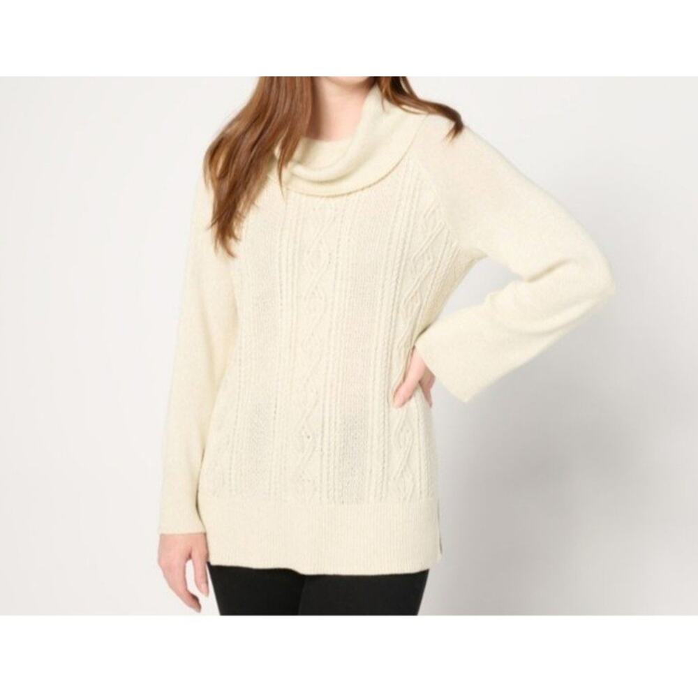 Studio Park Size Med Ivory Cowl Neck Cable Sweater With Lurex A665358 NWOT